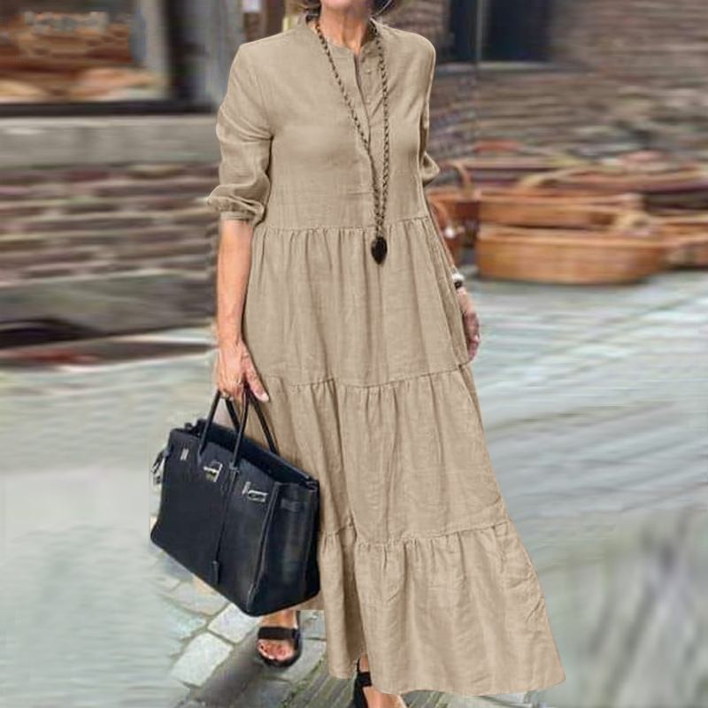 Robe longue décontractée ample à revers en coton et lin de couleur unie à large ourlet pour femme