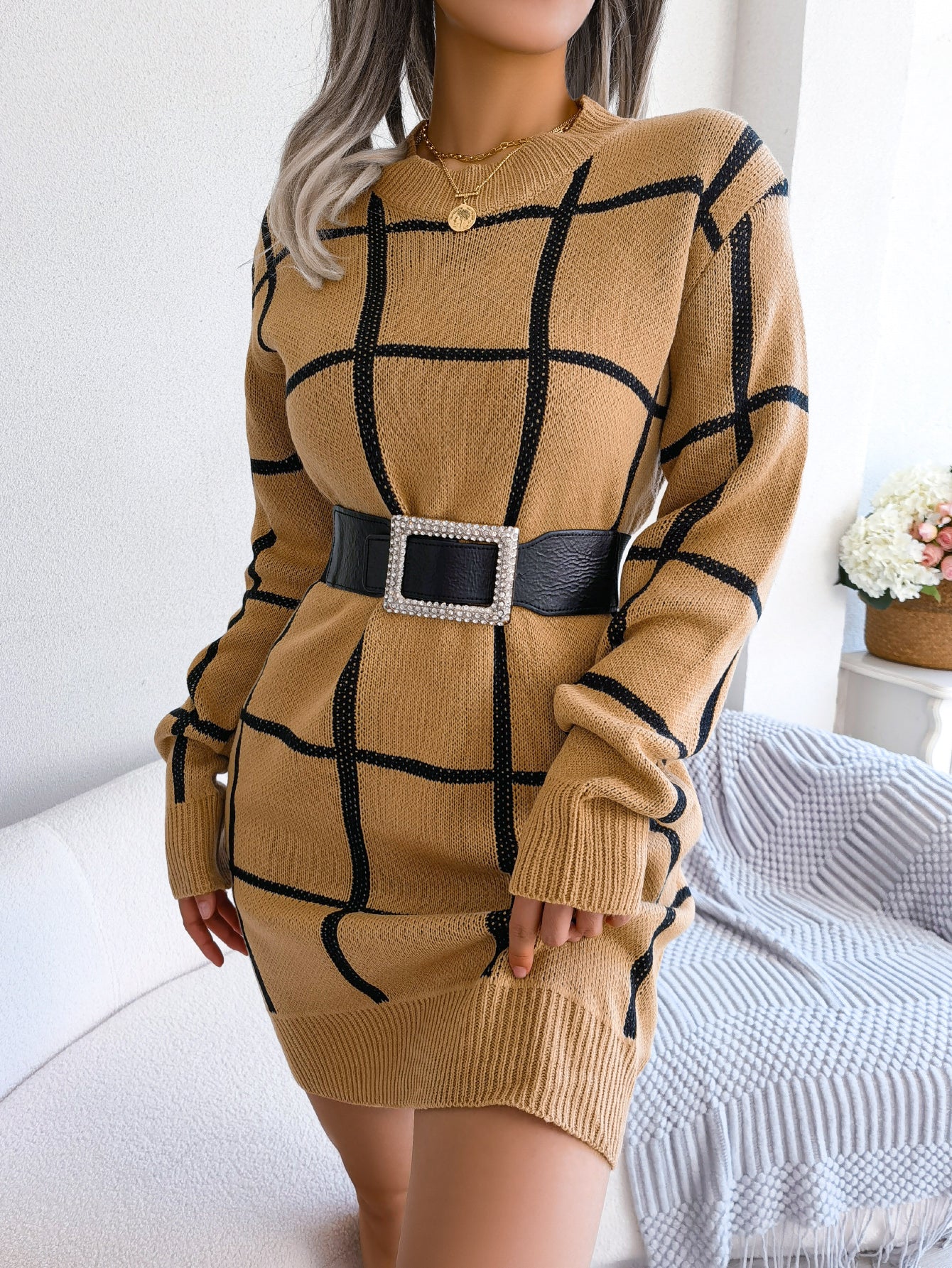 Robe pull décontractée à manches longues à carreaux color block