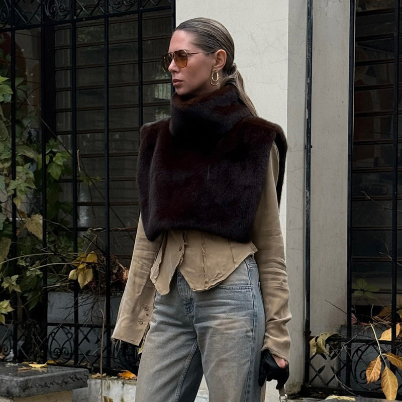 Nouveau gilet en fourrure sans manches à demi-col roulé de couleur unie pour femmes