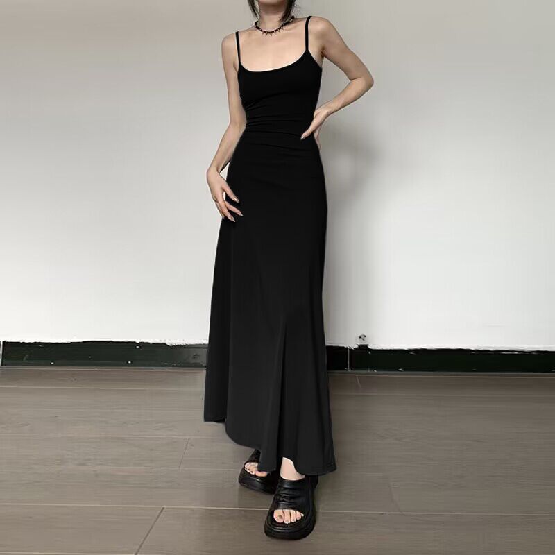 Robe gainante taille haute à bretelles, couleur unie, décontractée, coupe trapèze, longueur genou pour femmes