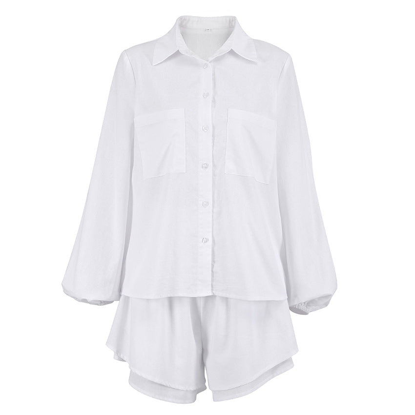 European And American Cotton And Linen White Suit Women's Spring And Summer Long Sleeves Shorts Two-piece Set