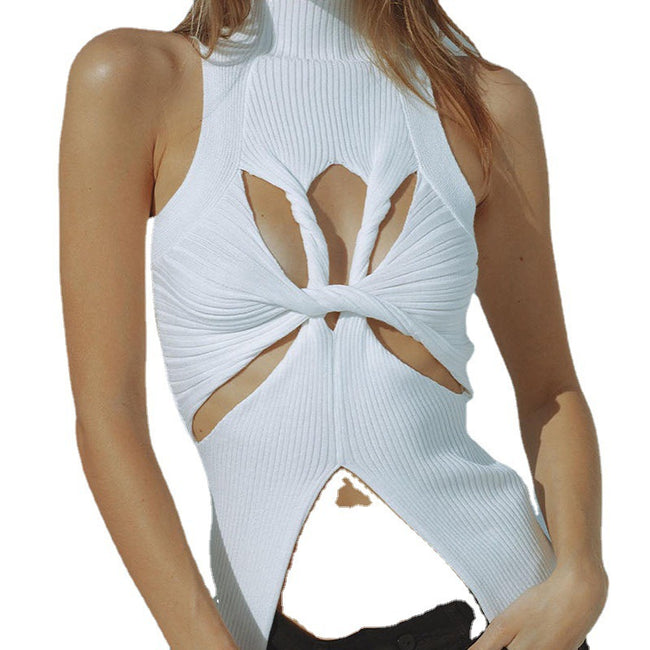 Gilet en laine torsadée sans manches évidé et irrégulier pour femme Main Image