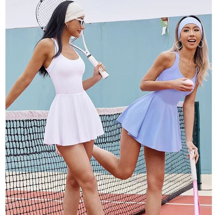 Jupe de tennis de sport de plein air, coupe ajustée, shorts anti-exposition, robe une pièce, dos en résille, tenue de sport fitness pour femmes