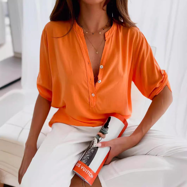 Chemise ample à col montant et boutons pour femme Main Image