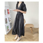 Women's V-neck Short Sleeve Dress Slim-fit Polka Dot Large Swing Dress