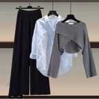 Ensemble trois pièces pull tricoté, chemise et pantalon large pour femme, collection automne-hiver