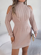Robe Pull Moulante Femme Décontractée Col Roulé Mi-Hauteur Épaules Dénudées Tricot Torsadé Manches Lanternes