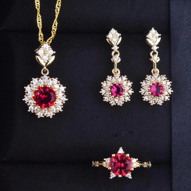 Women's Pomegranate Red Rings Pendants Earings Set Hover Image