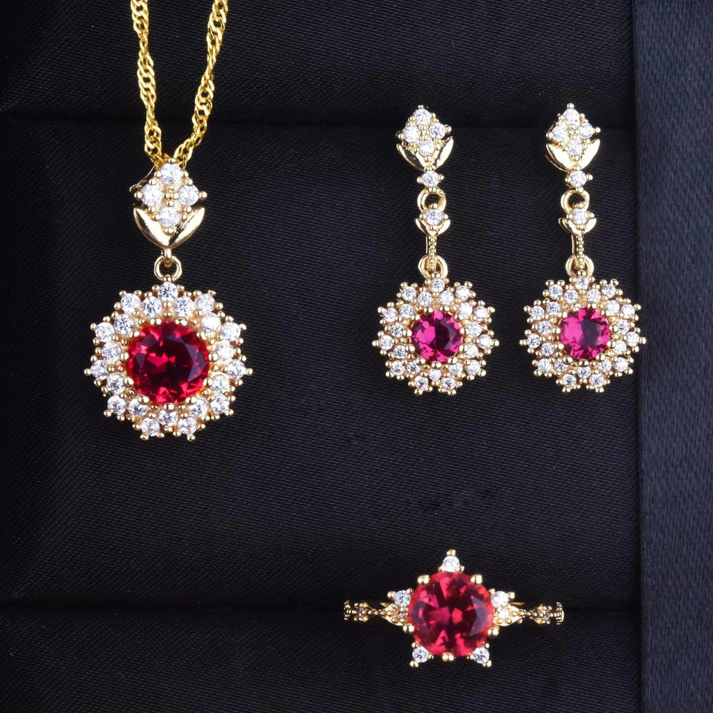 Ensemble de bagues, pendentifs et boucles d'oreilles grenat rouge pour femme