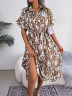 Robe chemise décontractée à lacets et imprimé léopard