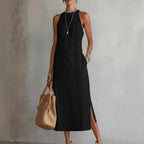 Robe d'été sans manches à col licou et patchwork de dentelle pour femme, style vacances