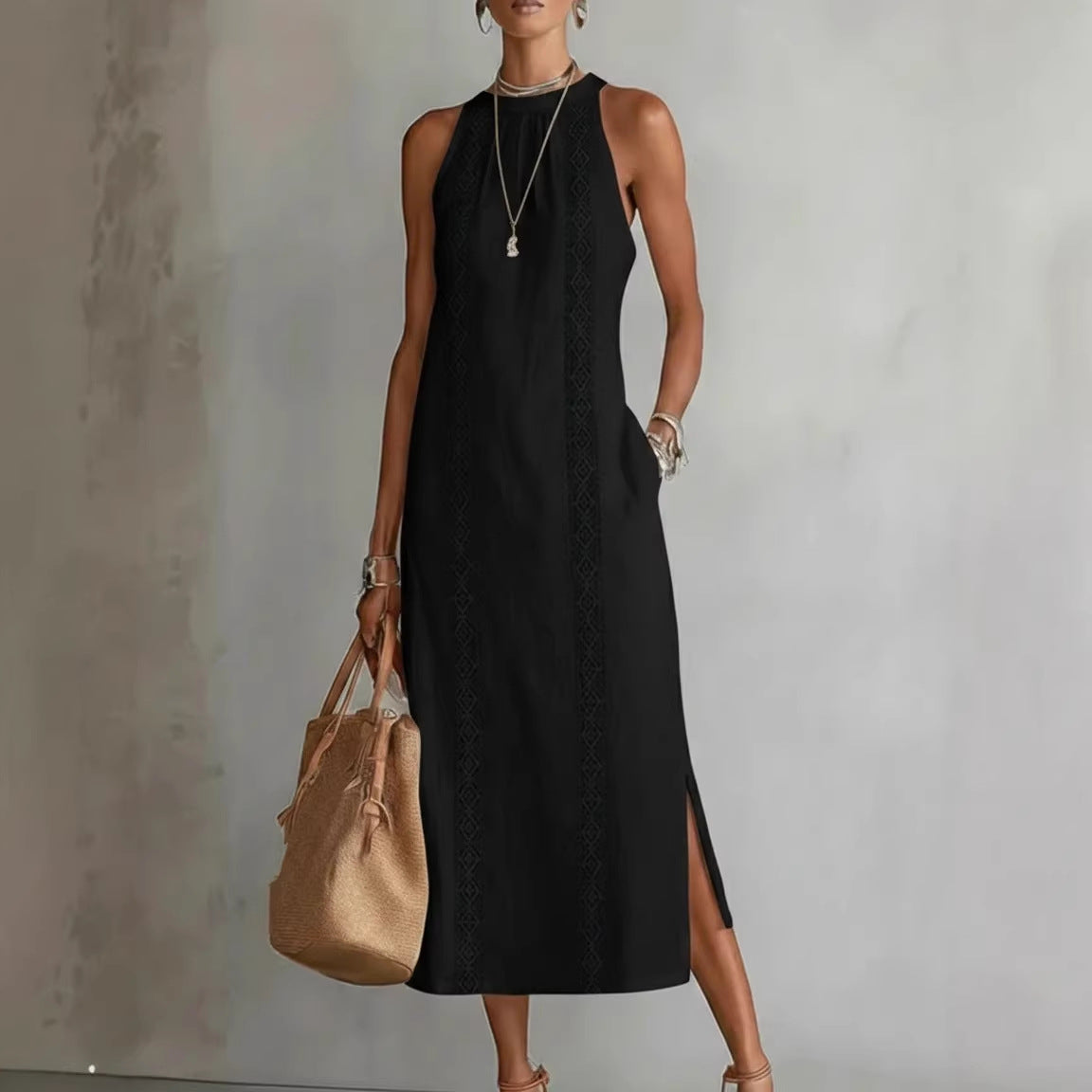 Robe d'été sans manches à col licou et patchwork de dentelle pour femme, style vacances