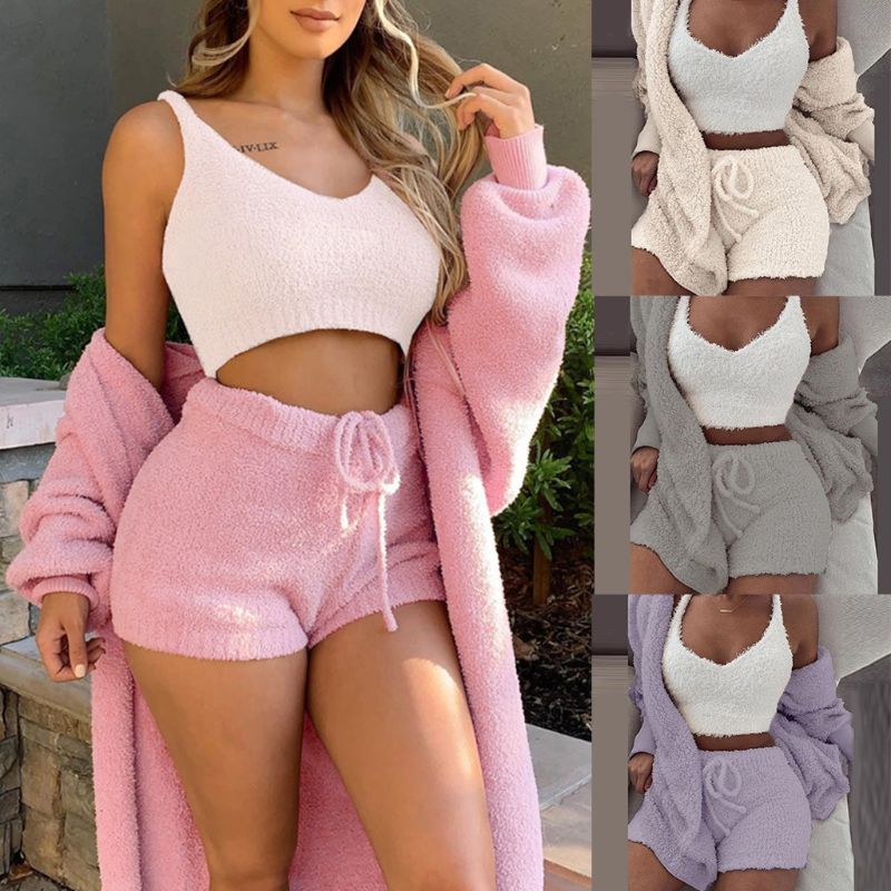 Ensemble pyjama sexy pour femme, tenue décontractée d'intérieur pour l'hiver, débardeur court à manches longues exposant le nombril et short, ensemble doux et chaud