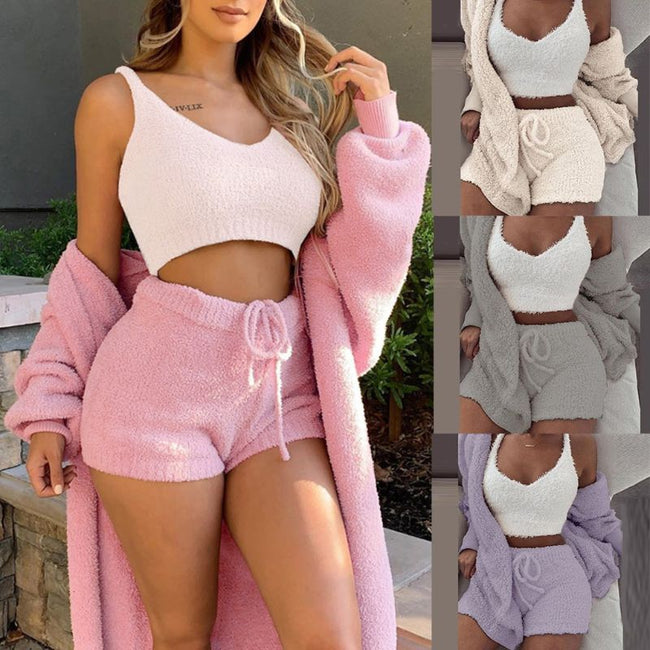 Ensemble pyjama sexy pour femme, tenue décontractée d'intérieur pour l'hiver, débardeur court à manches longues exposant le nombril et short, ensemble doux et chaud Hover Image