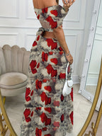 Robe longue à col une ligne imprimé et manches courtes avec taille creuse, pour les vacances d'été. Vêtements pour femmes.