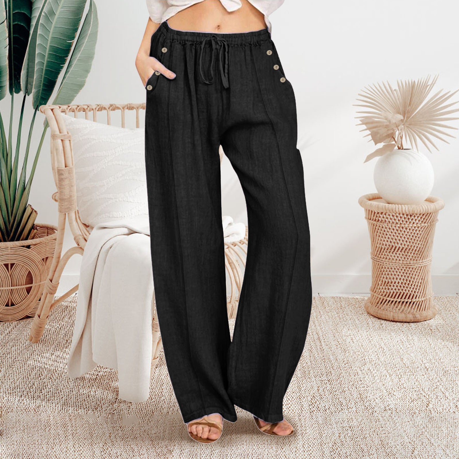 Pantalon ample décontracté à jambes larges et boutonnées pour femme