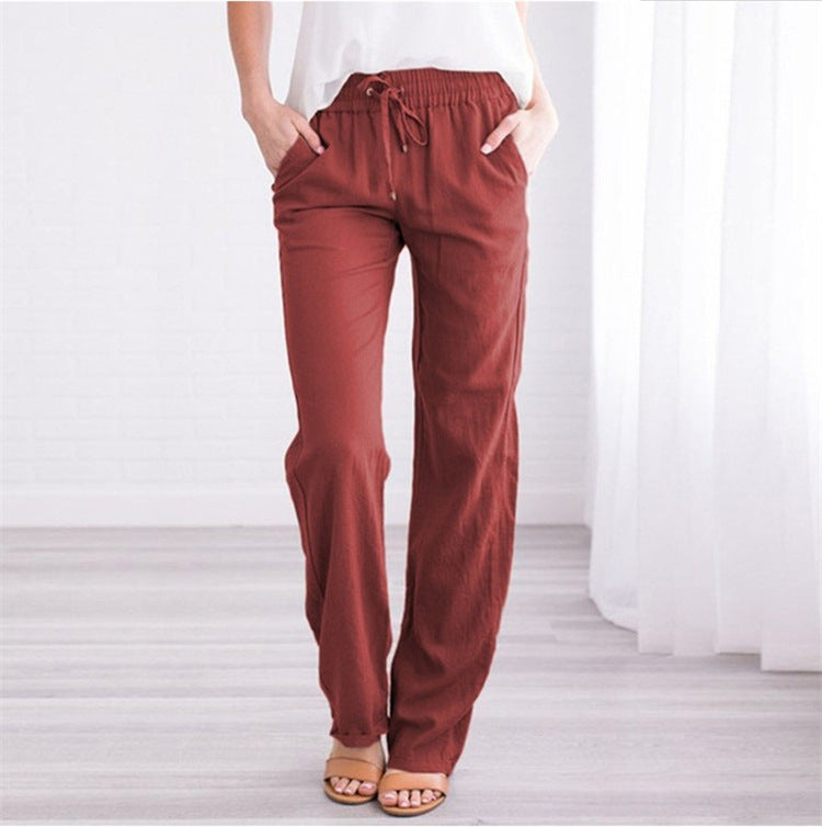 Pantalon décontracté taille élastique de couleur unie pour femme – Commerce extérieur