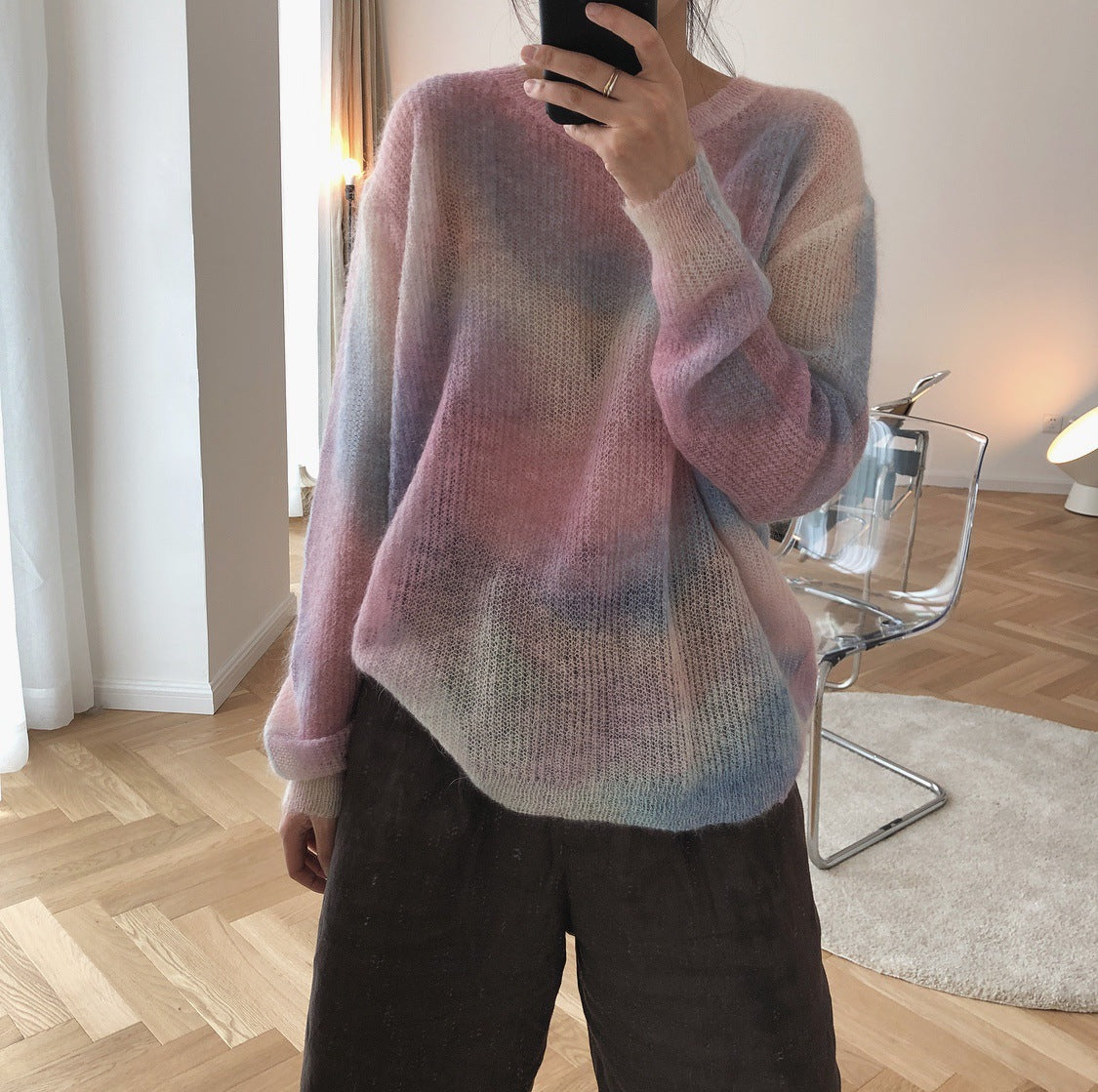 Pull en mohair lâche à col rond pour femme, fin