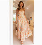 Robe longue sans manches en mousseline de soie à col en V et patchwork