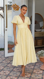 V-neck Short-sleeved Dress With Slim-waisted Design Summer Fashion Puff Sleeve Long Dress For Women Clothing