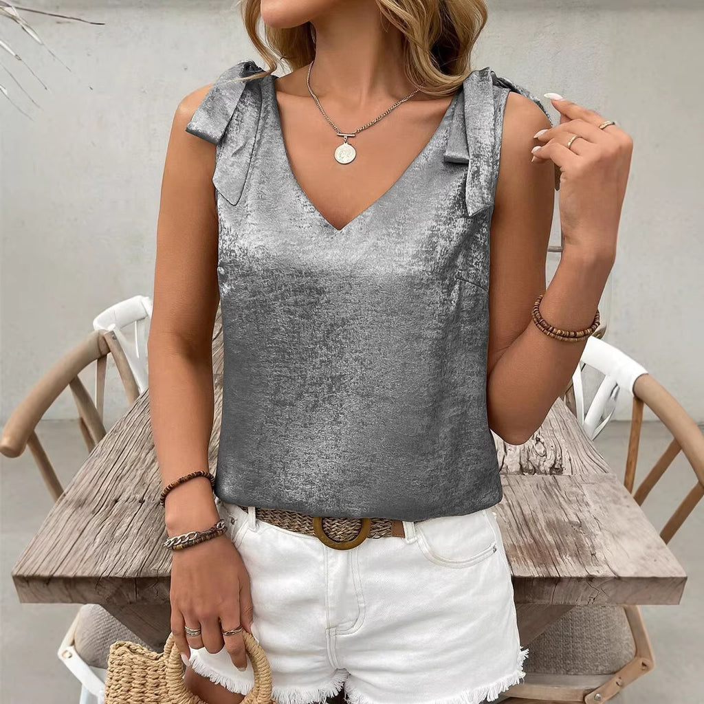 Camisole sans manches en dentelle avec nœud papillon et décolleté en V pour femme, avec détails dorés en relief