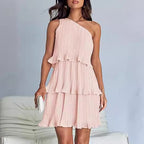 Robe décontractée pour femme, à une épaule dénudée, ourlet à volants superposés, couleur unie simple, taille haute confortable, pour l'été et la rue