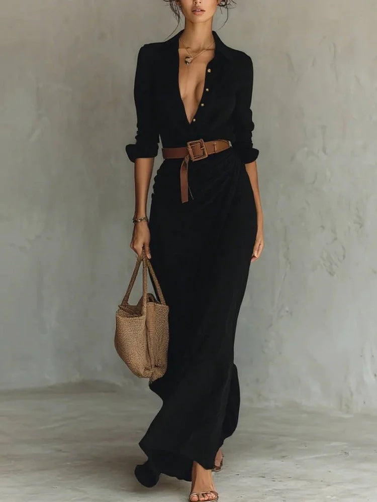 Robe longue irrégulière avec ceinture, chemise habillée à revers boutonnés, manches longues, mode et élégance, tenue décontractée pour le bureau ou les trajets quotidiens pour femmes