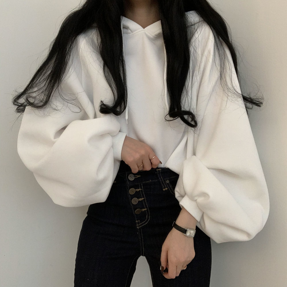 Pull à capuche décontracté à manches lanternes pour femme