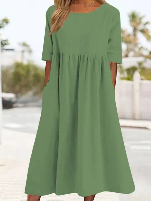 Robe décontractée en coton et lin à manches courtes et poches pour femme