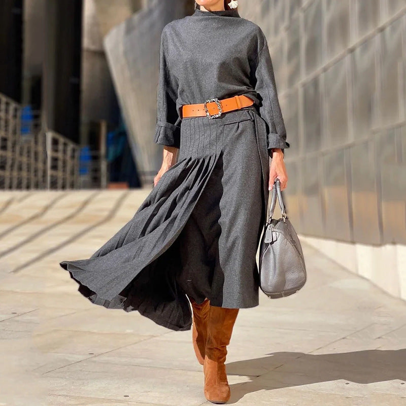 Ensemble deux pièces robe et manches longues de couleur unie pour femme, nouvelle collection automne