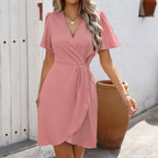 Robe d'été col en V à manches courtes, mode slim, coupe trapèze, vêtements de plage pour femmes