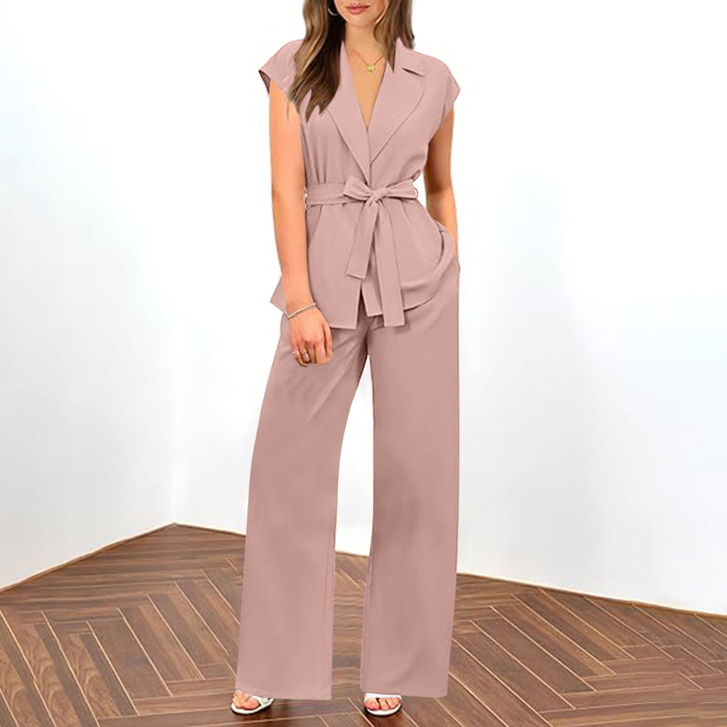 Ensemble deux pièces de costume pantalon large de couleur unie pour femme