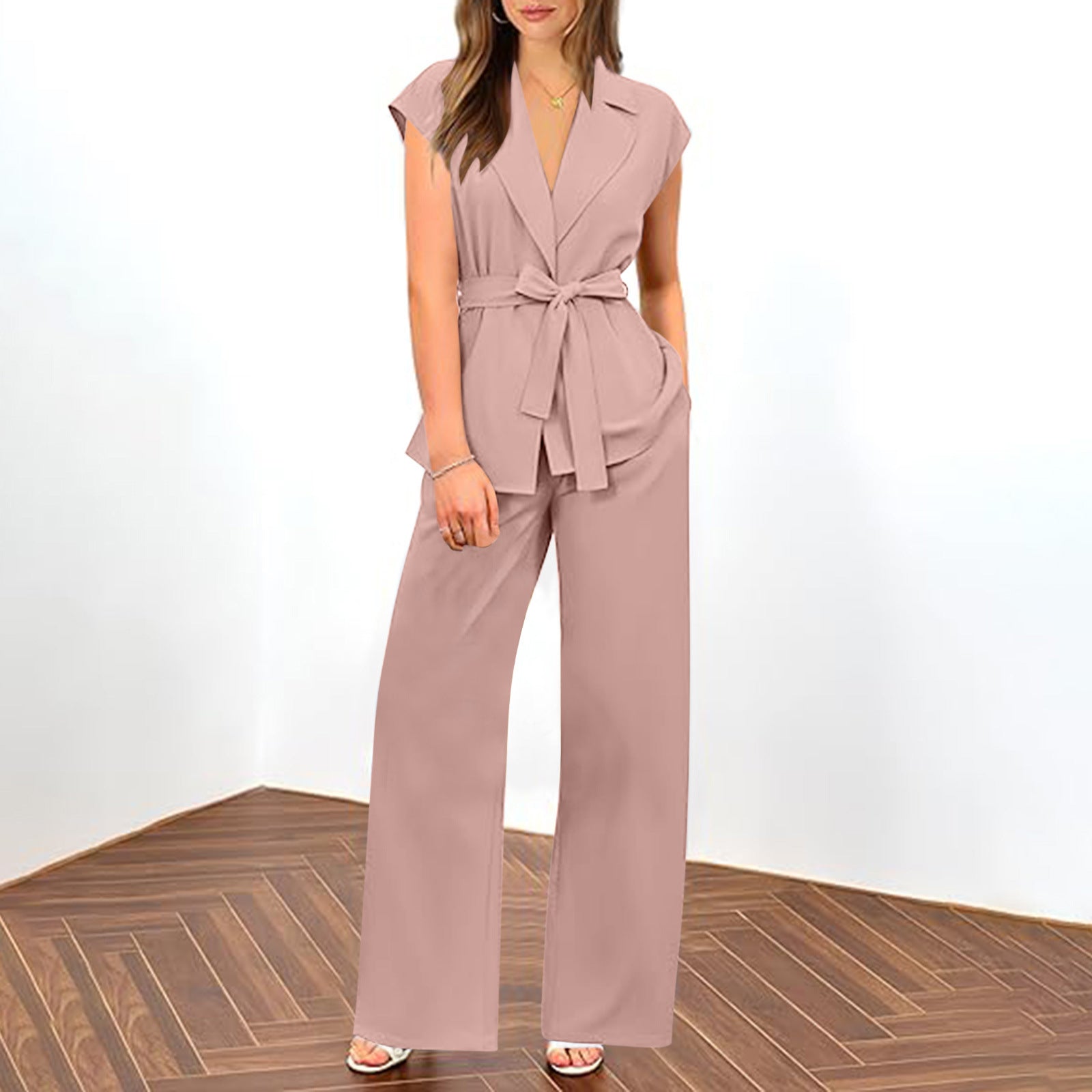 Ensemble deux pièces de costume pantalon large de couleur unie pour femme