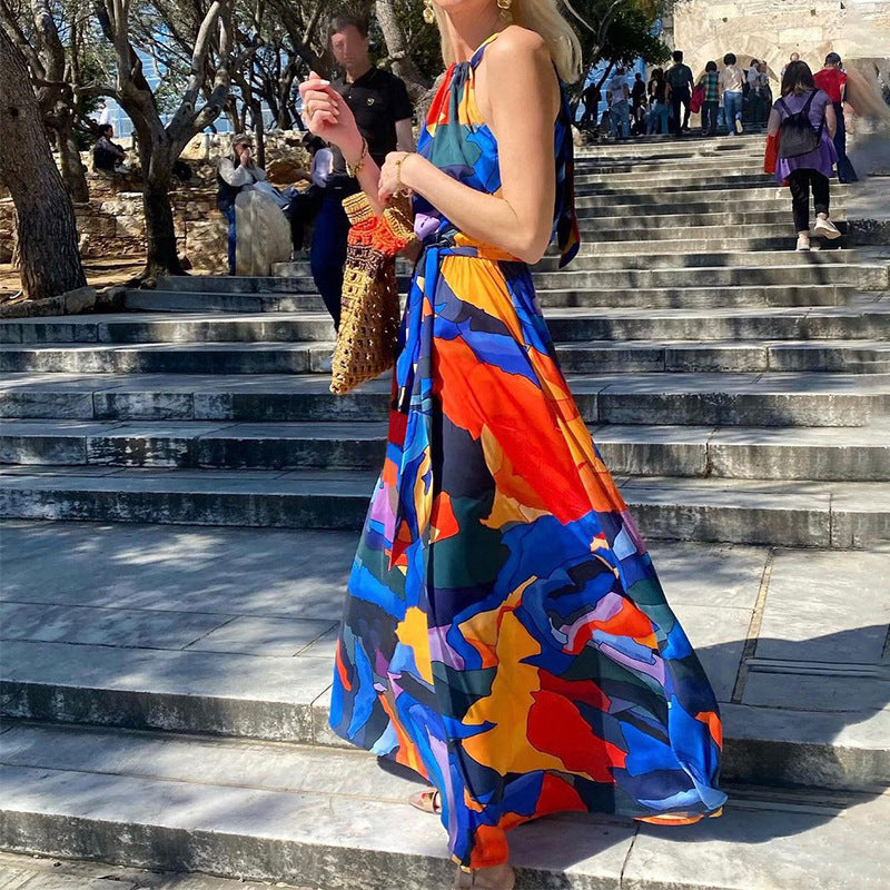 Nouvelle robe bohème imprimée dos nu pour femme