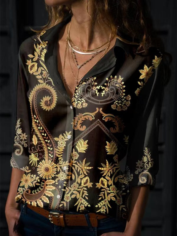 Chemise à la mode avec impression, revers et manches longues pour femme