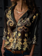 Chemise à la mode avec impression, revers et manches longues pour femme