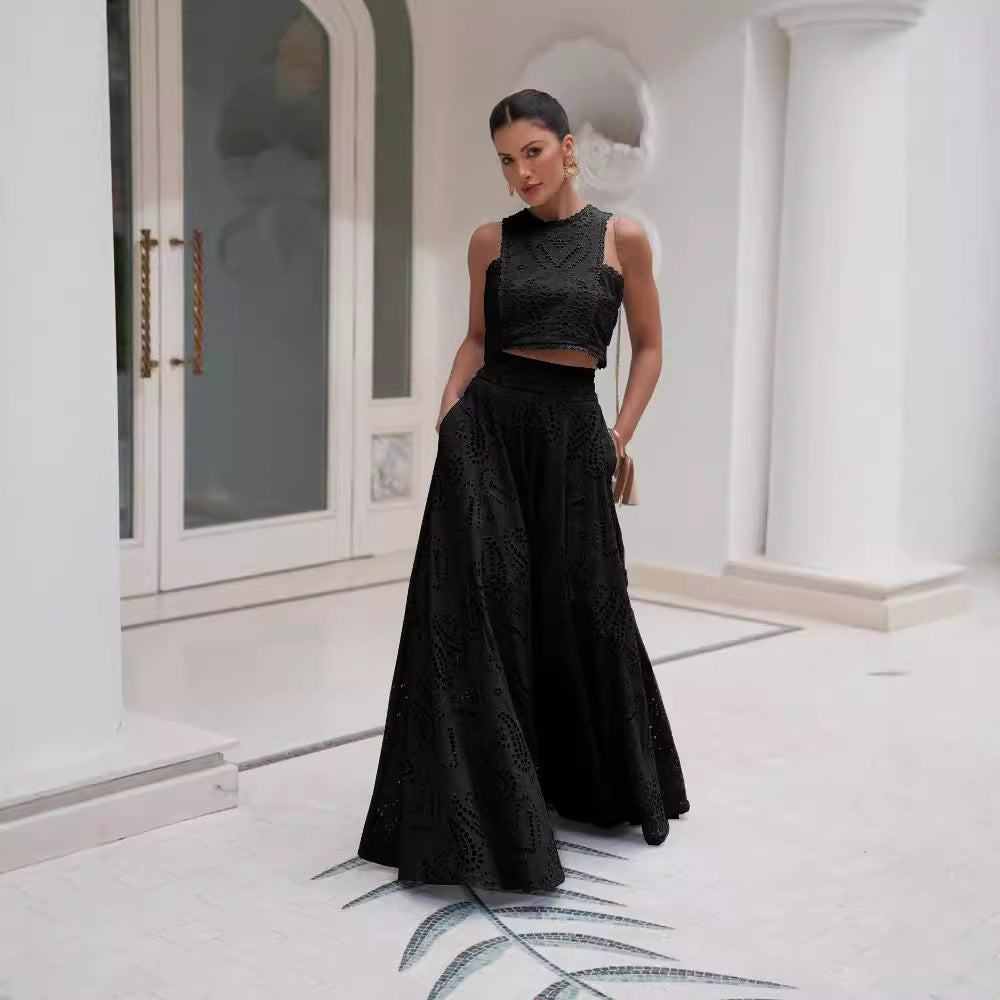 Élégance Vêtement Féminin Robe Longue sans Manches Broderie Dentelle Combinaison de Vacances Ensemble Deux Pièces