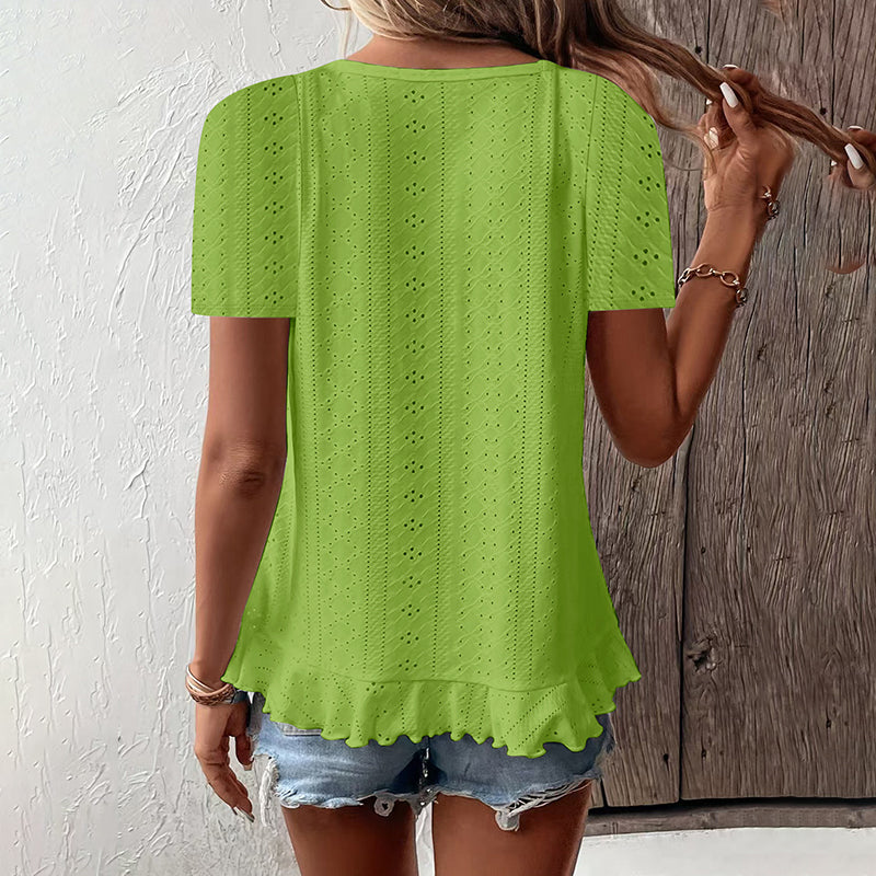 T-shirt à manches courtes et ourlet volanté pour femmes, chemisier décontracté d'été à col rond