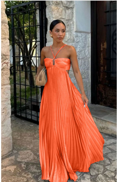 Robe longue plissée sans manches à bretelles, taille haute évidée, dos nu pour soirée, club, vêtement femme