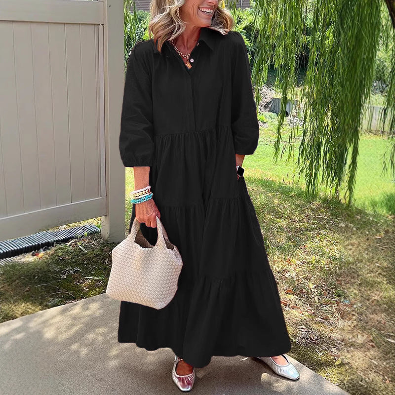 Robe ample décontractée à revers, manches mi-longues et grand tombé