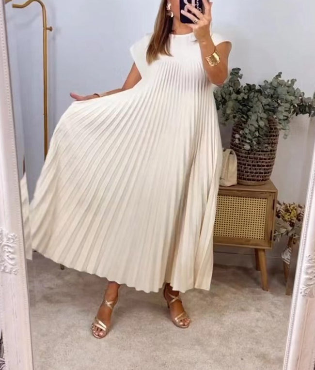 Robe longue plissée à manches courtes, col rond, vêtements pour femmes Main Image