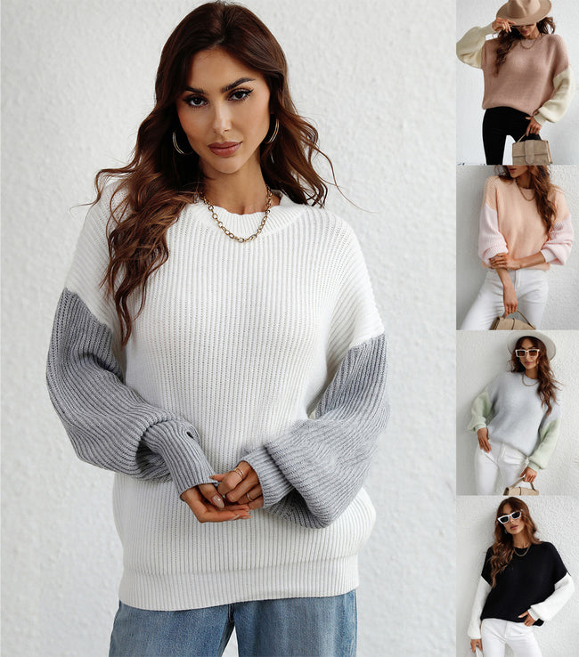Pull à col rond à manches longues, rayé, ample et oversize pour femme Main Image