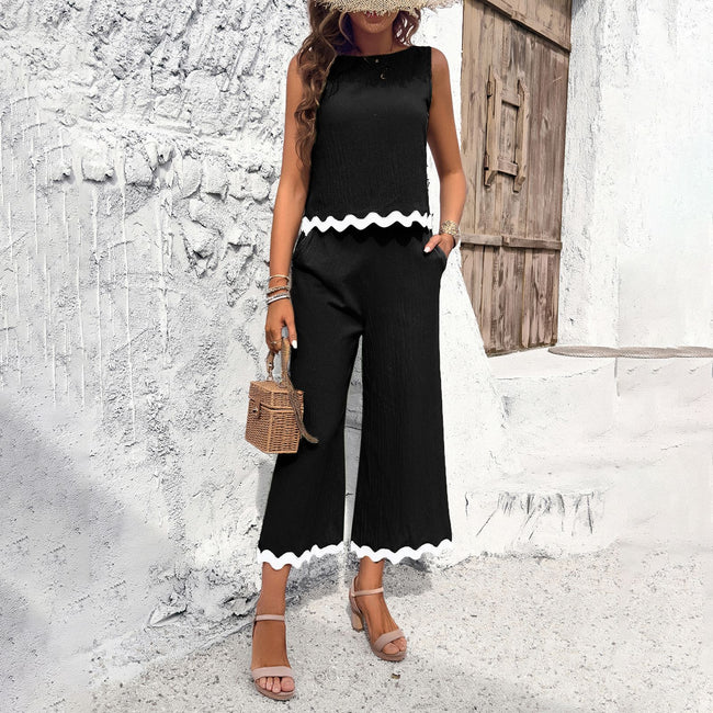 Ensemble 2 pièces d'été imprimé vague sans manches et pantalon droit de couleur unie décontracté à la mode pour femme Main Image