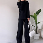 Ensemble tricoté col roulé, haut fendu ample à manches longues et pantalon droit, mode décontractée, couleur unie, vêtements pour femmes.