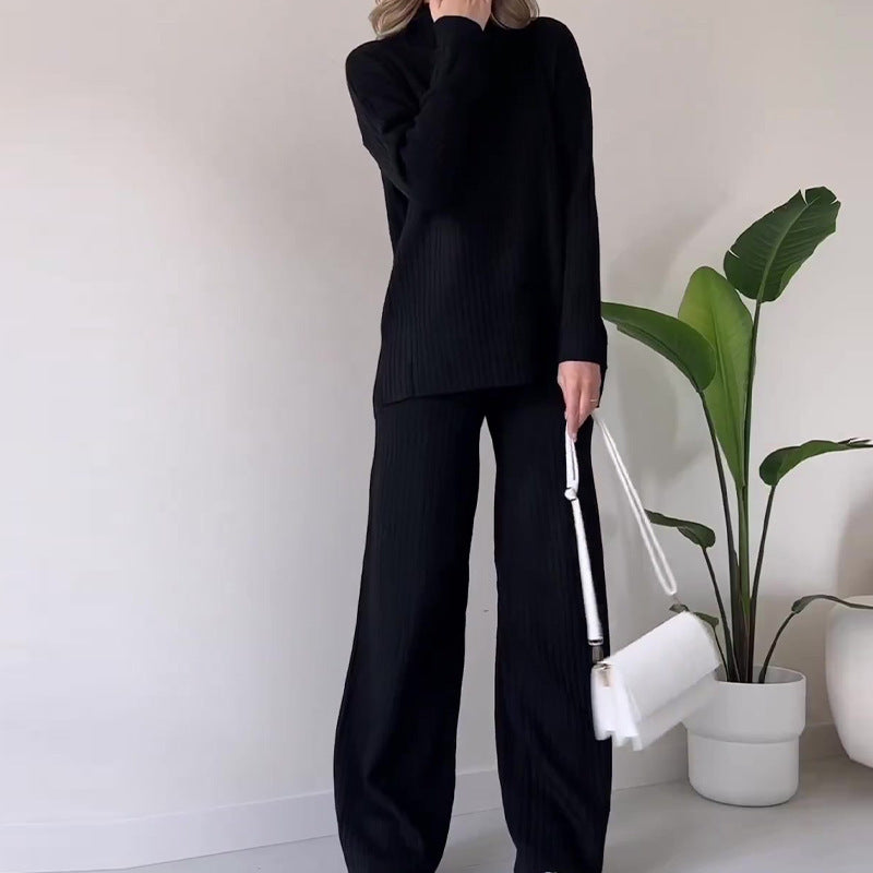 Ensemble tricoté col roulé, haut fendu ample à manches longues et pantalon droit, mode décontractée, couleur unie, vêtements pour femmes.