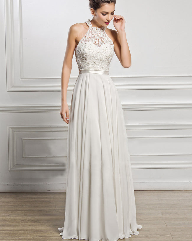 Robe de demoiselle d'honneur sans manches, coupe licou, élégante Hover Image