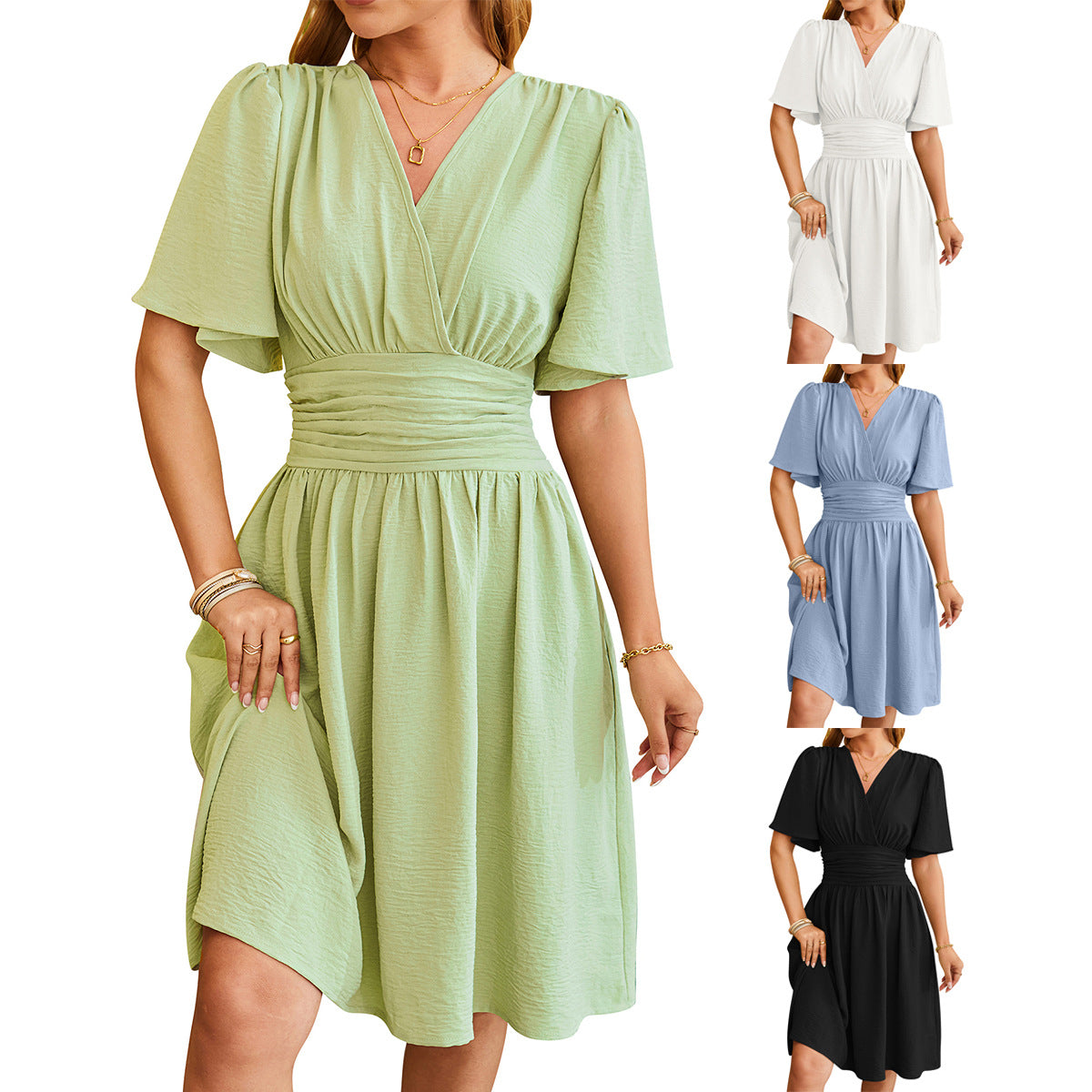 Robe à col en V à manches courtes Robe tendance à manches cloche Vêtements d'été pour femmes