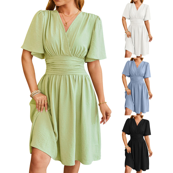 Robe à col en V à manches courtes Robe tendance à manches cloche Vêtements d'été pour femmes