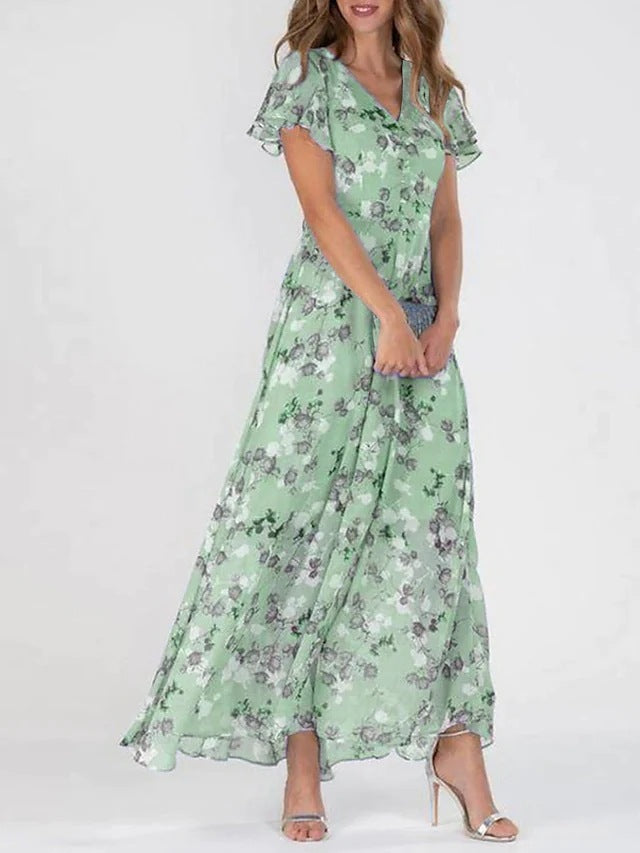 Robe courte à imprimé floral manches courtes Mode d'été Robes de plage à volants Vêtements pour femmes