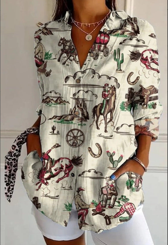 Chemise à la mode avec impression, revers et manches longues pour femme